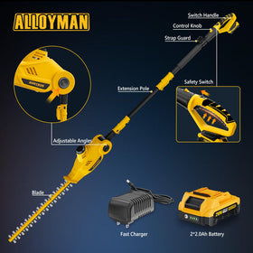 Alloyman hedge trimmer kit includes batteries, charger, sheath, and manual.