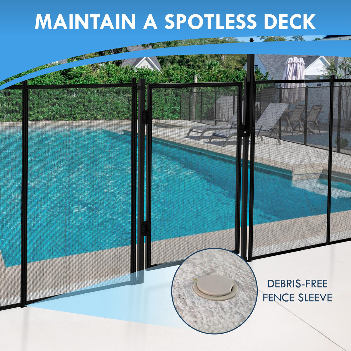 ALLSAFE deck sleeve cap covers pool hole and reduces trip hazards