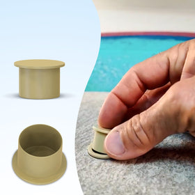 ALLSAFE tan pool fence caps for 1-inch deck hole sleeves.