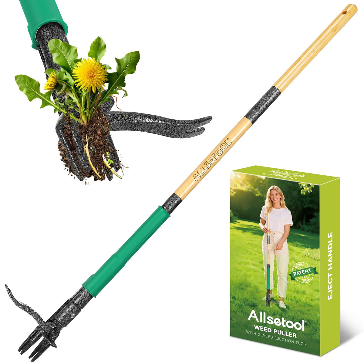 Allsetool weed puller standing upright in the garden for back-friendly weeding