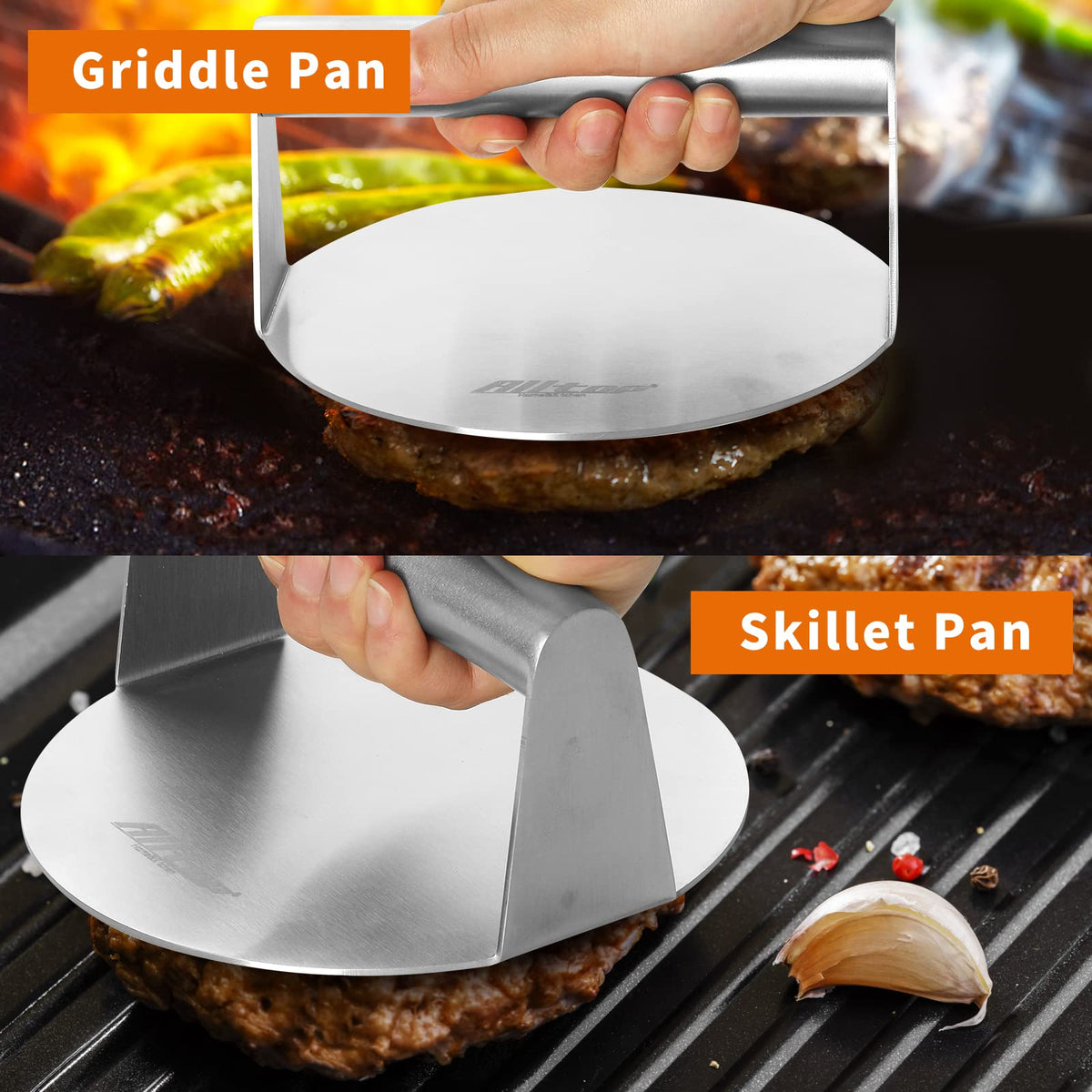 Alltop Smash Burger Press brushed stainless steel detail for durability.