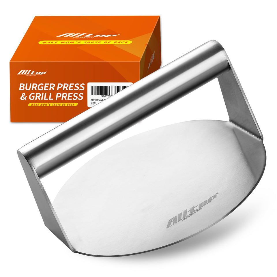 Alltop Smash Burger Press top view highlights compact, durable stainless steel design for storage.