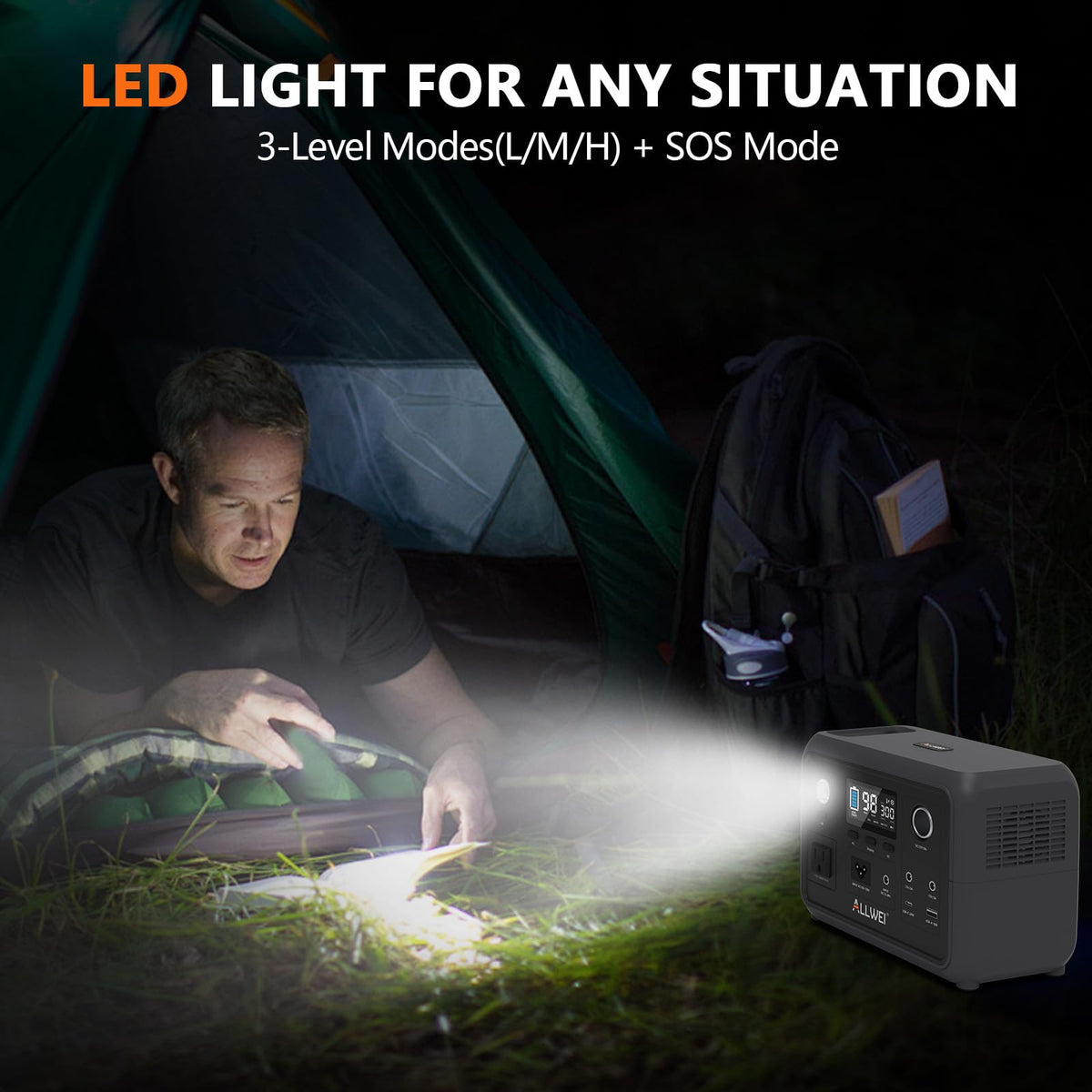 ALLWEI compact power station with built-in LED light SOS mode