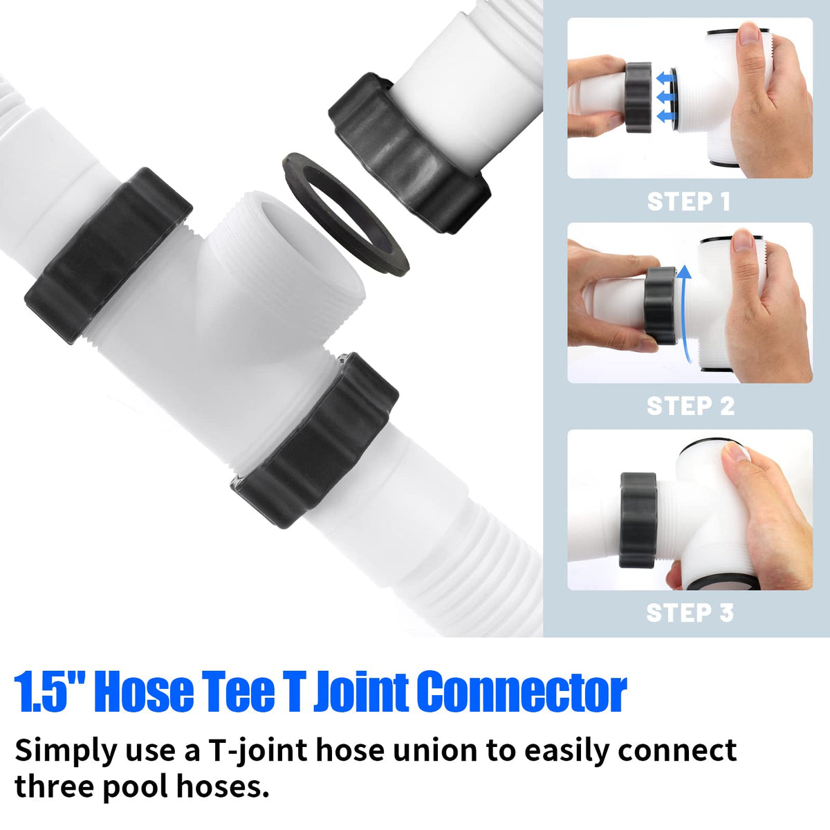 Alocs hose splitter installed on above-ground pool hose for multi-outlet flow
