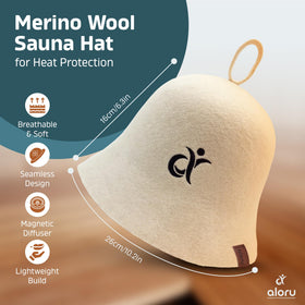 Aloru Merino Sauna Hat with aroma diffuser attached for personalized aromatherapy