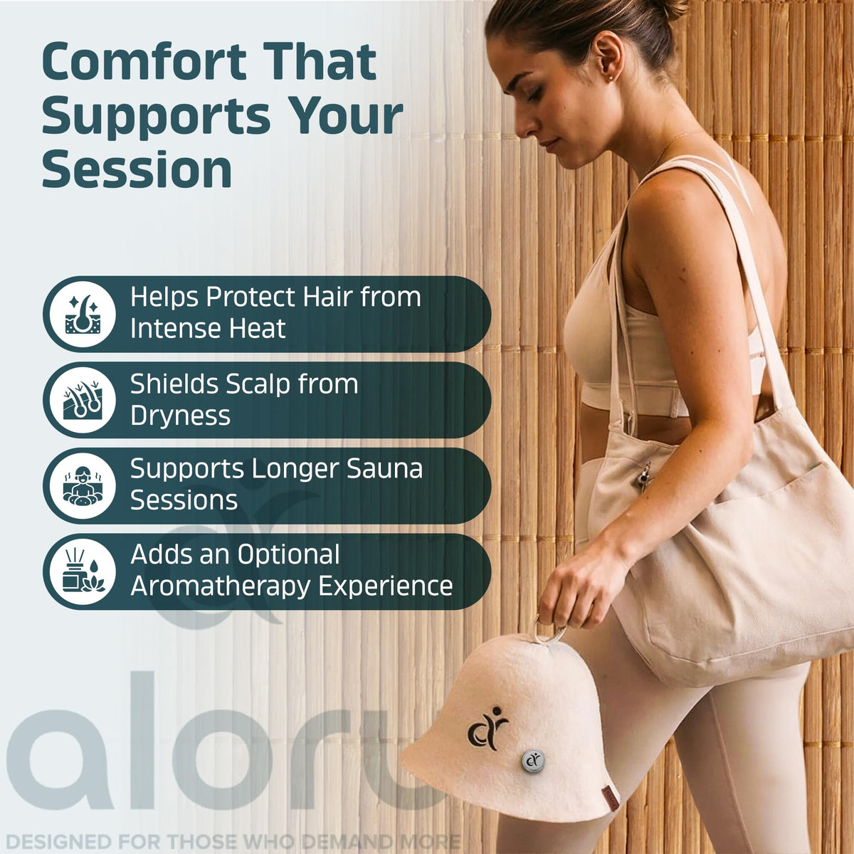 Aloru Merino Sauna Hat close-up highlights hair protection against heat