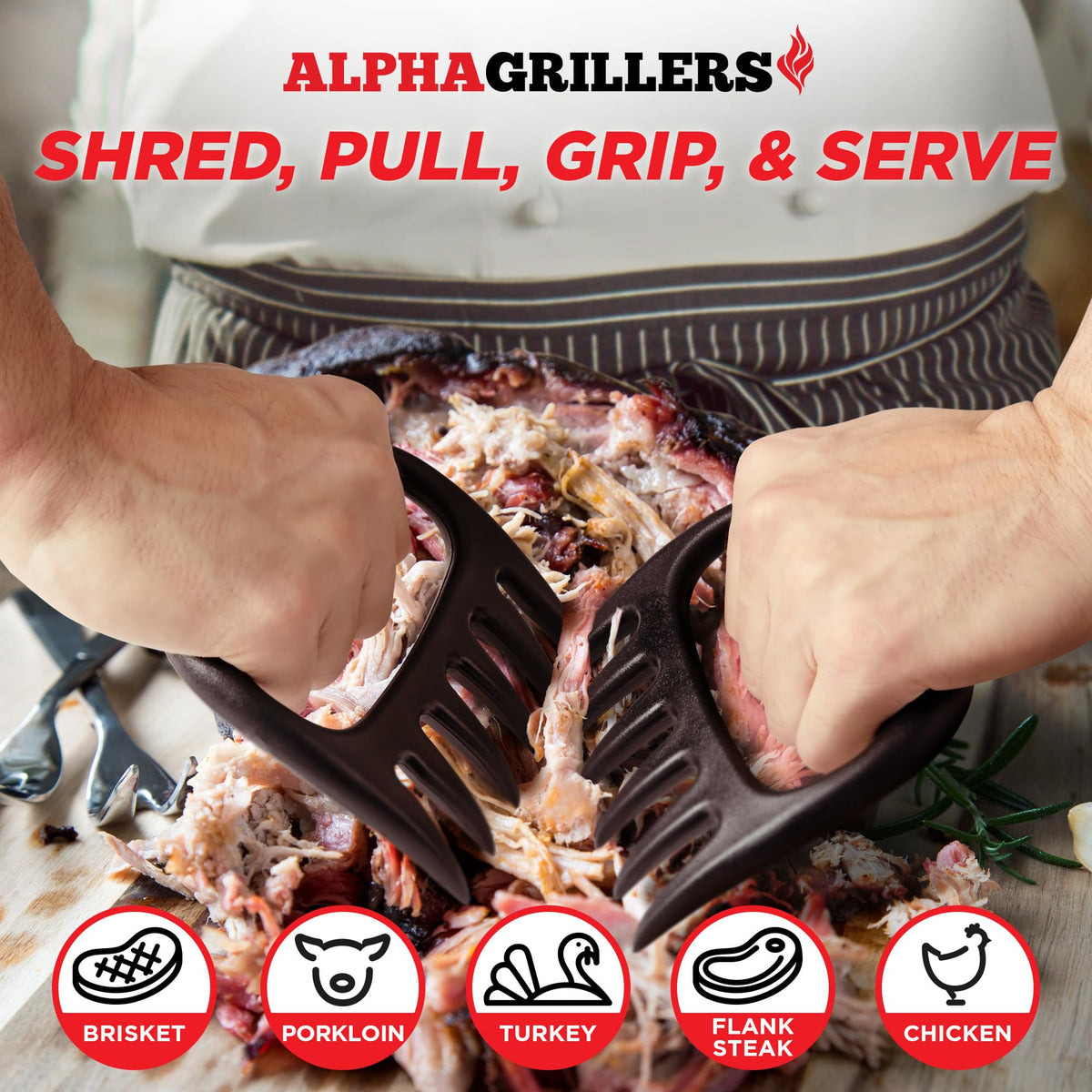 Alpha Grillers bear claws shredding pork to pull apart tender meat.