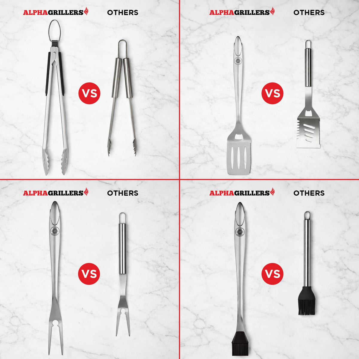 Alpha Grillers lockable tongs with scalloped grips for secure food handling.