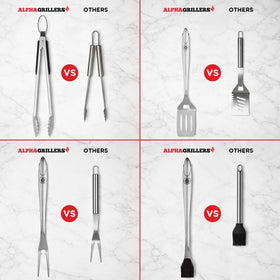 Alpha Grillers lockable tongs with scalloped grips for secure food handling.