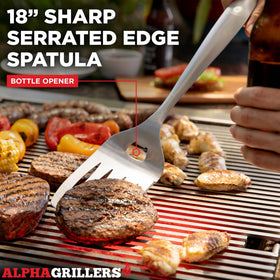 Alpha Grillers spatula featuring serrated edge for slicing during outdoor cooking.