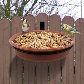 Alphatool fence bird feeder tray assembly for tree mounting, easy setup.