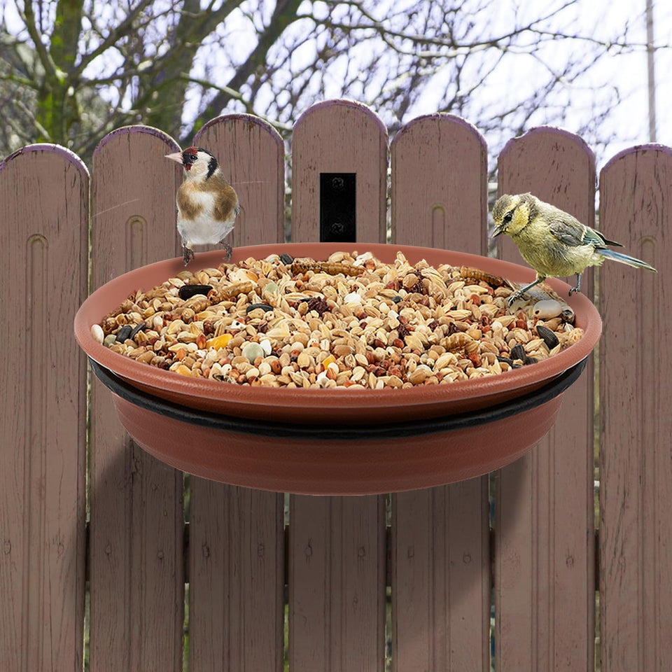 Alphatool fence bird feeder tray assembly for tree mounting, easy setup.