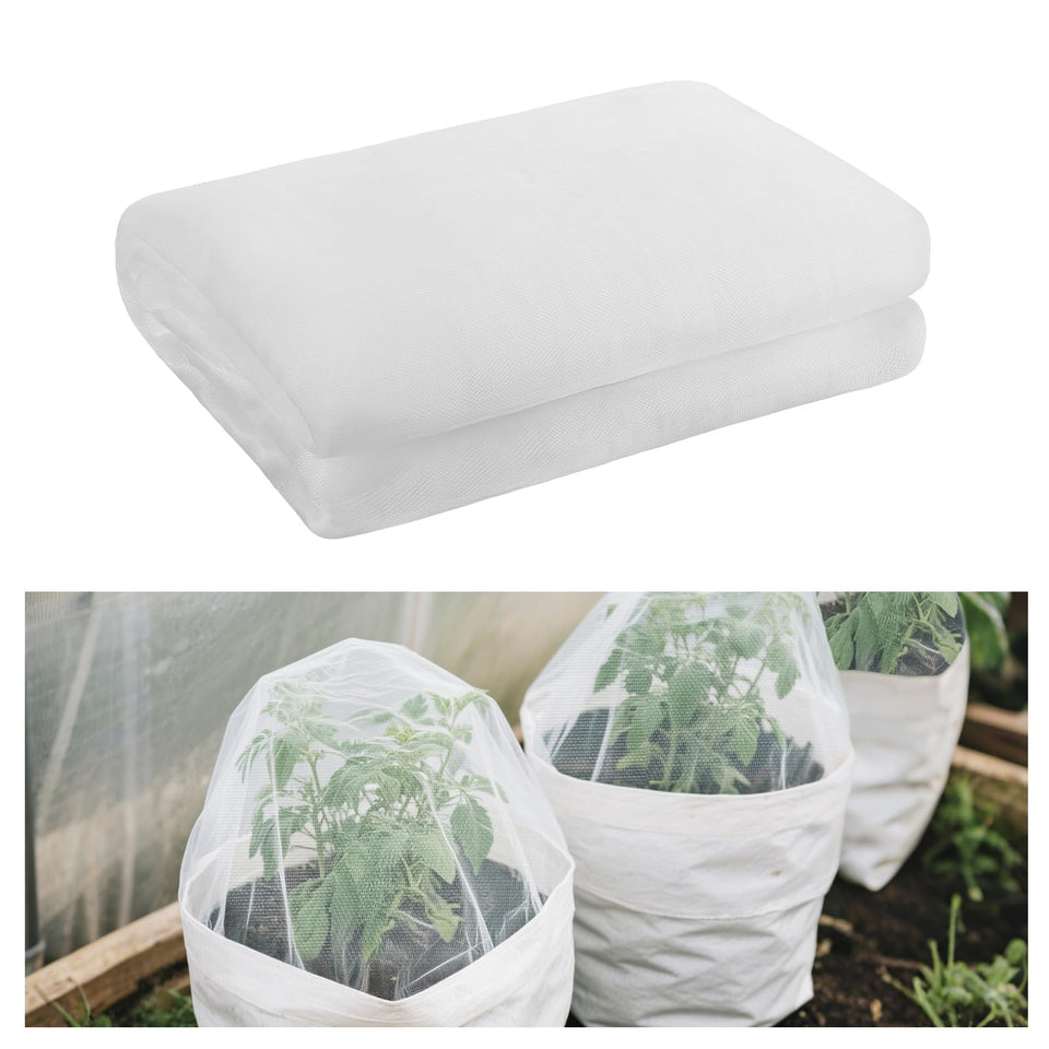 Alphatool garden netting spread over a bed protects crops while allowing light.