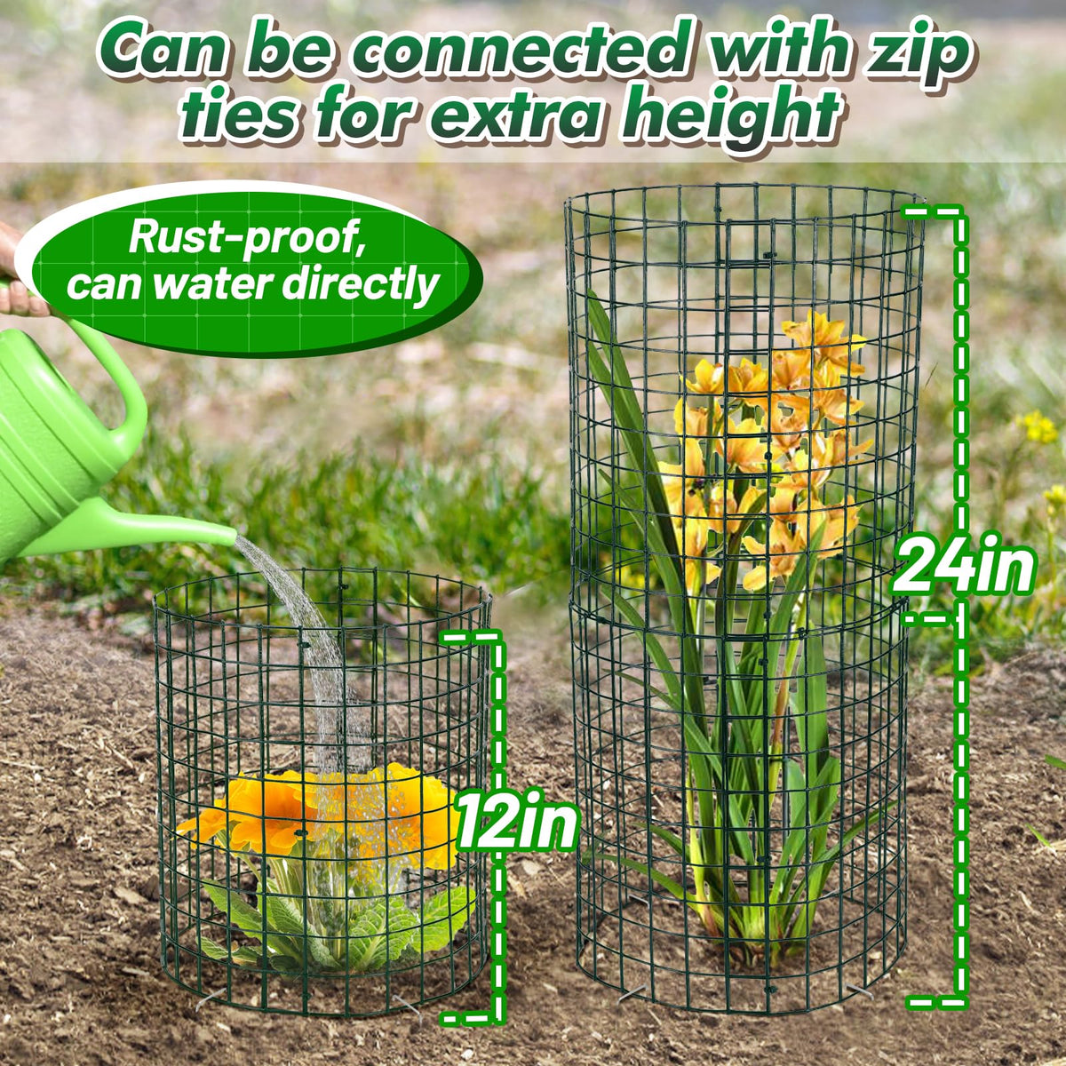 Alphatool rose protector deters rabbits by surrounding blooming plants.