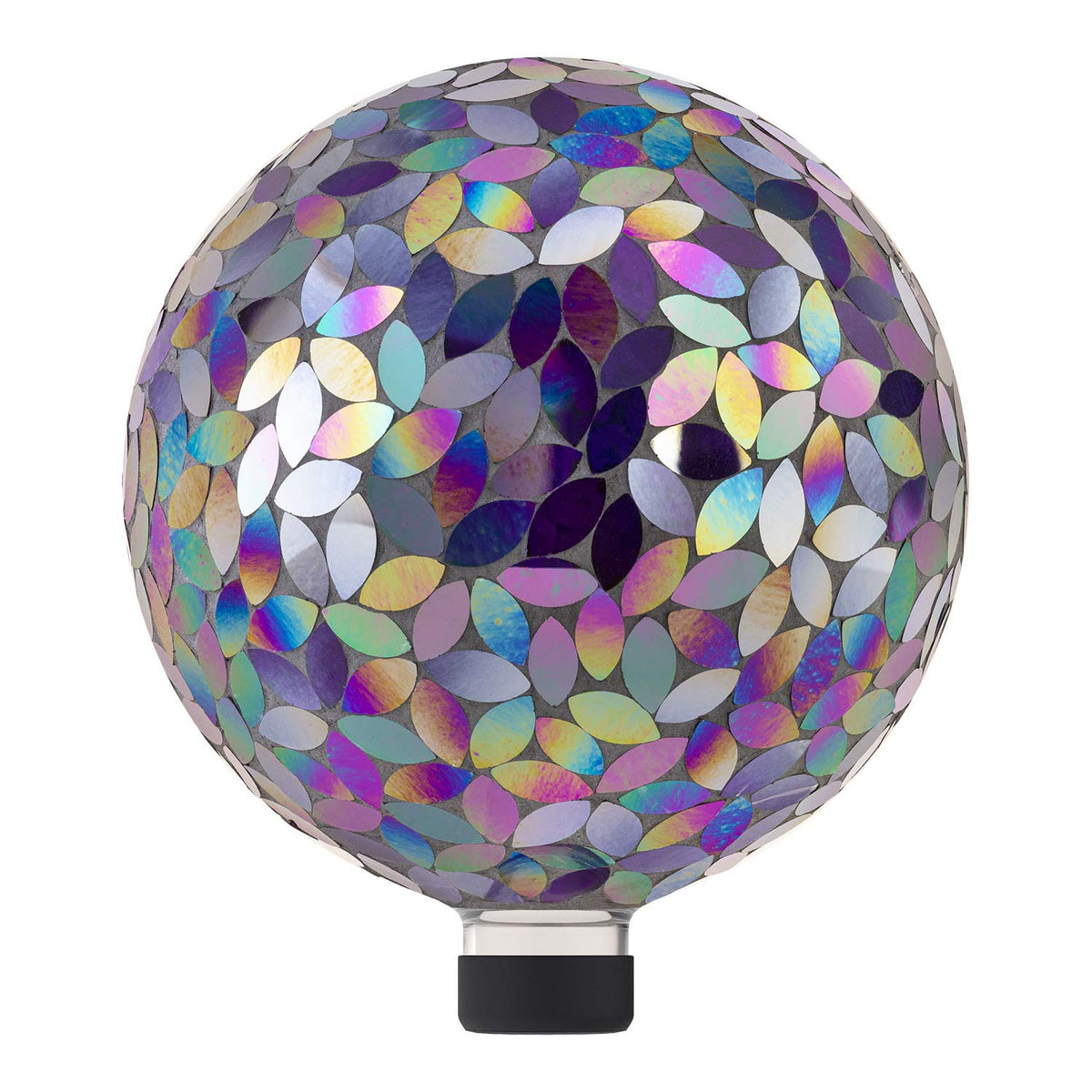 Alpine 10-inch glass mosaic gazing globe with purple petals reflecting sunlight