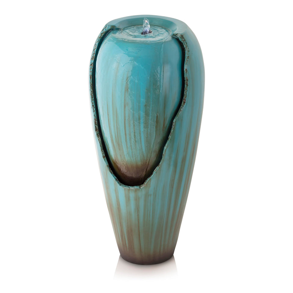 Alpine antique jar fountain turquoise with LED lights enhances tranquil garden evenings.