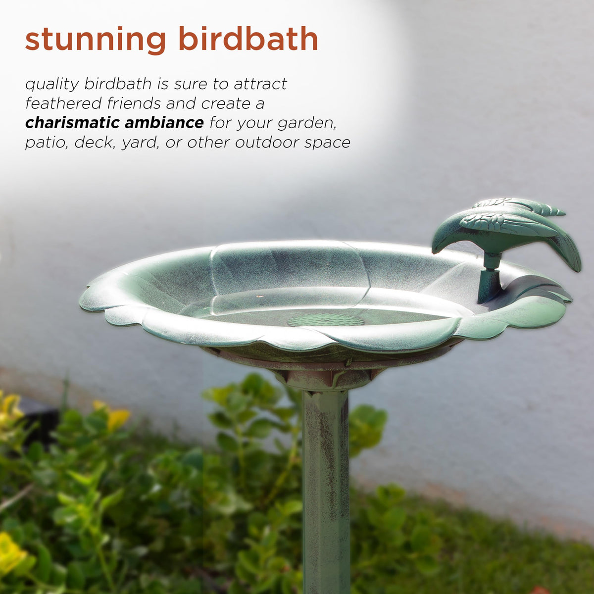Alpine birdbath with a perched rim bird adds charm and a focal point