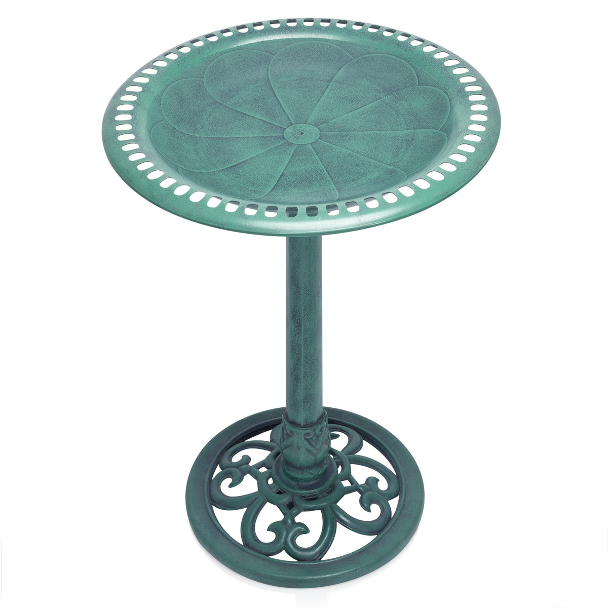 Alpine Birdbath antique scroll detail enhances garden aesthetics.