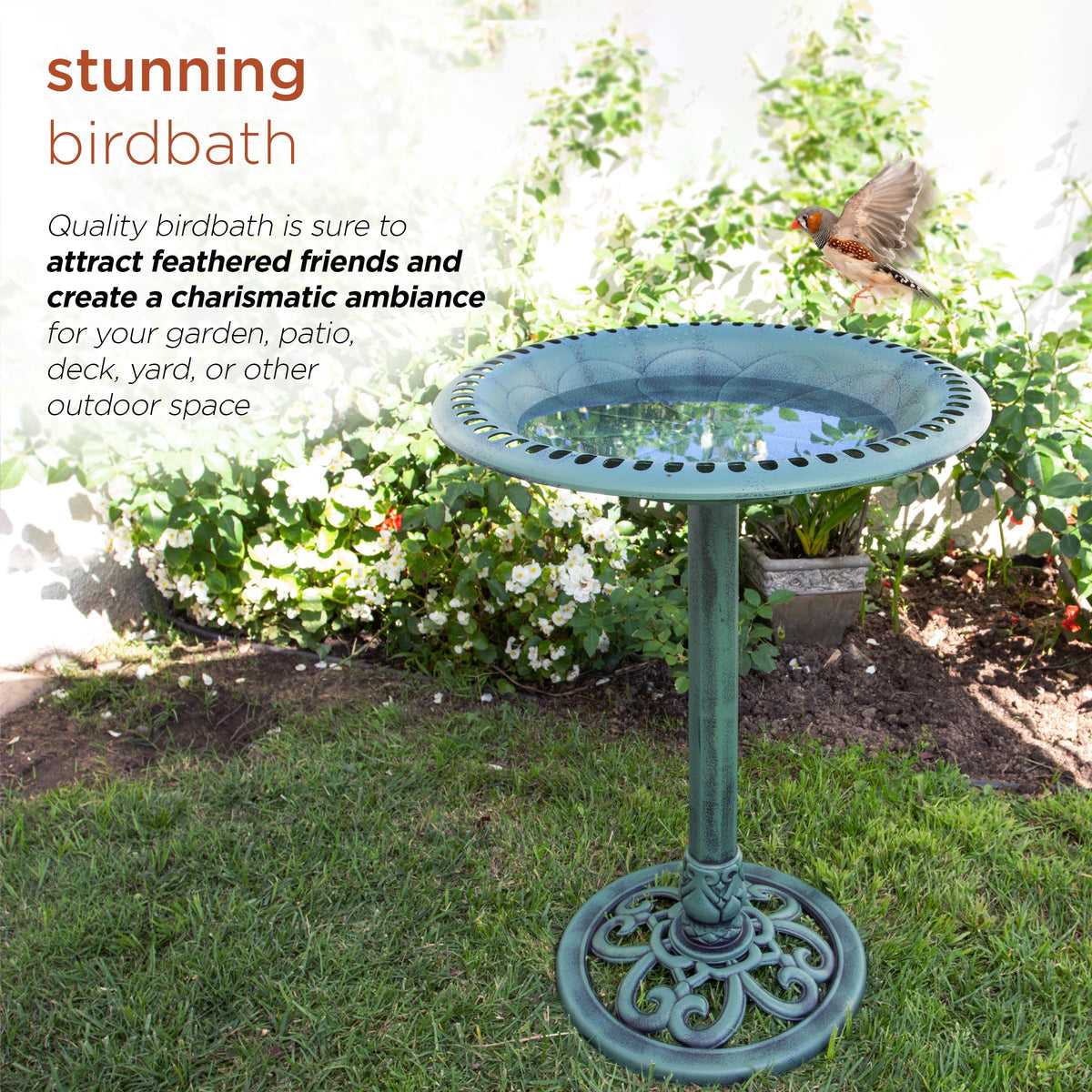 Alpine Birdbath polypropylene construction resists elements for long-lasting use.