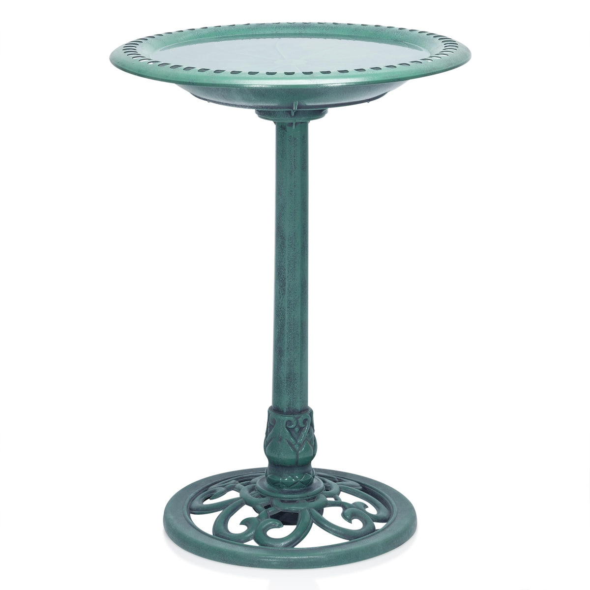 Alpine Birdbath scrollwork adds garden charm and invites birds to bathe.