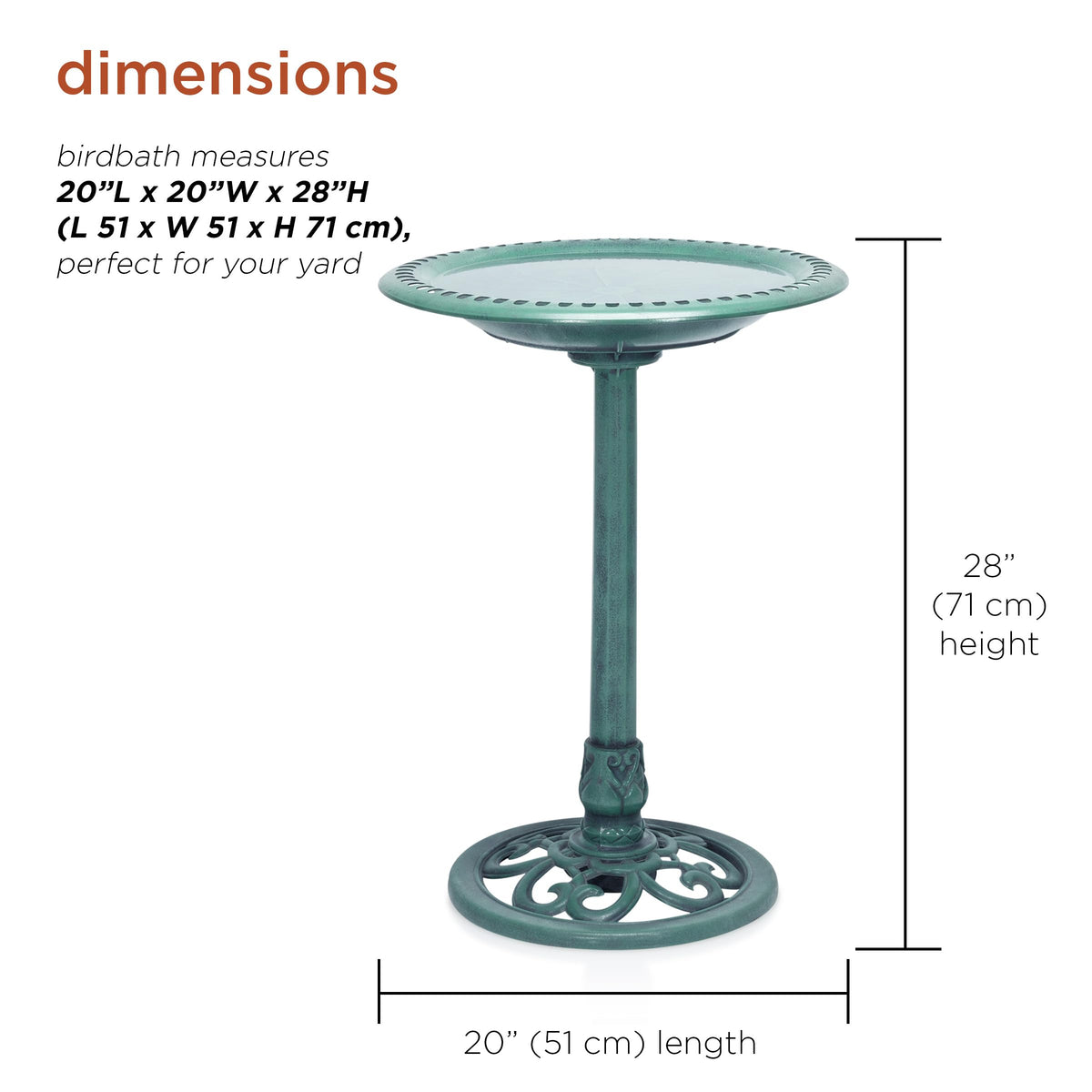 Alpine Birdbath 28-inch pedestal provides stable, weather-ready outdoor focal point.