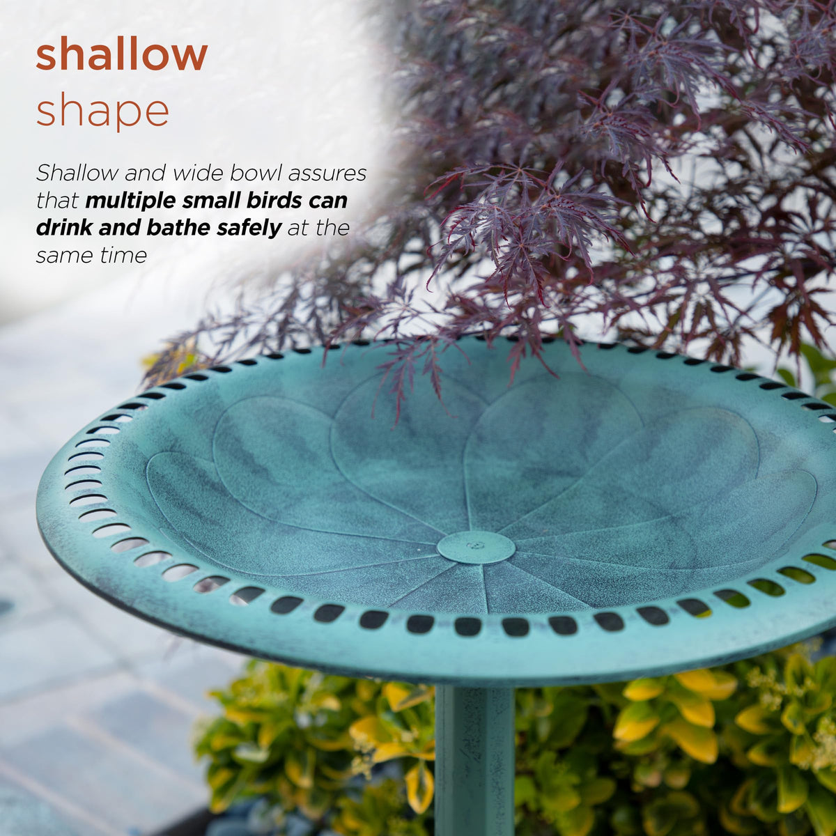 Alpine Birdbath durable base design improves stability in breezy conditions.