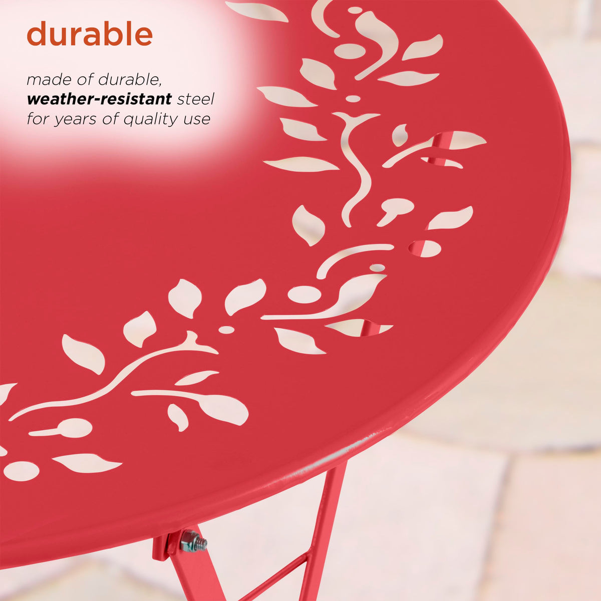 Alpine Bistro Set red chair folding side view for easy storage.