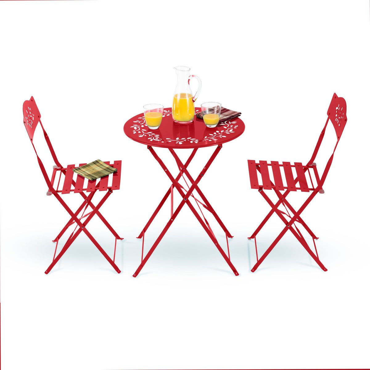 Alpine Bistro Set red slat design helps drainage and quick cleaning.