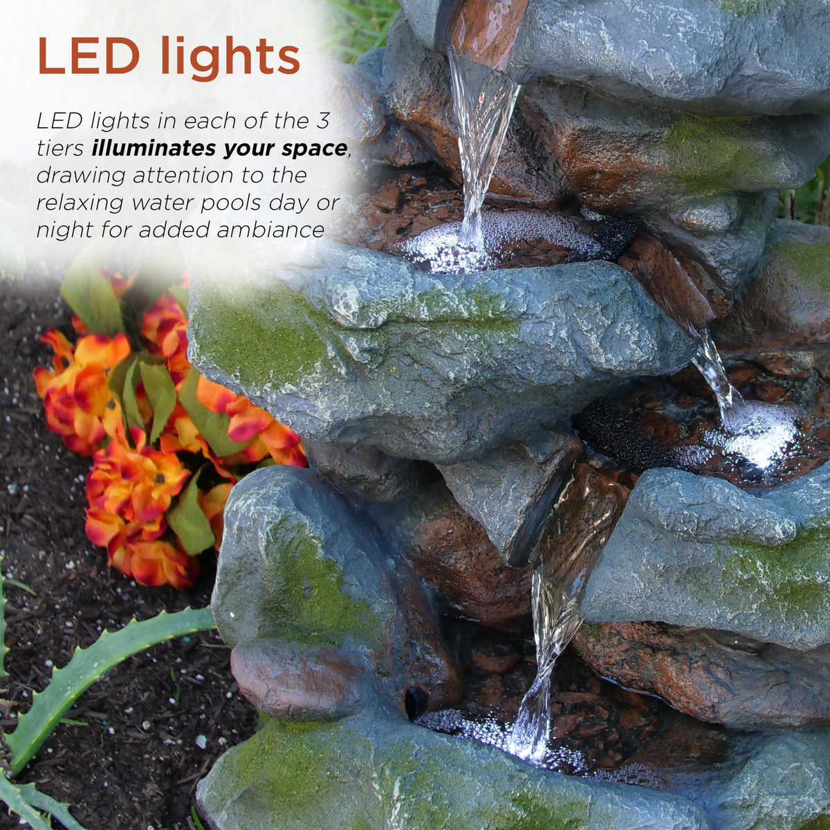 Alpine 22-inch fountain with LED night illumination for garden glow