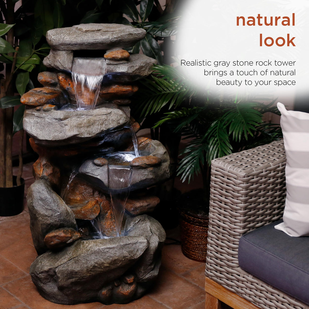 Durable polystone and fiberglass construction withstands weather conditions.