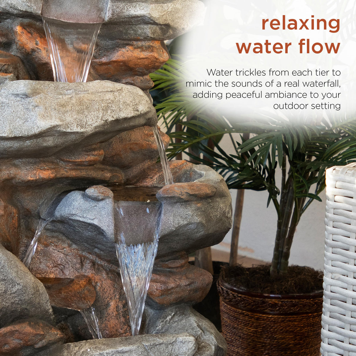 Alpine fountain showcases gray stone finish blending with outdoor spaces.