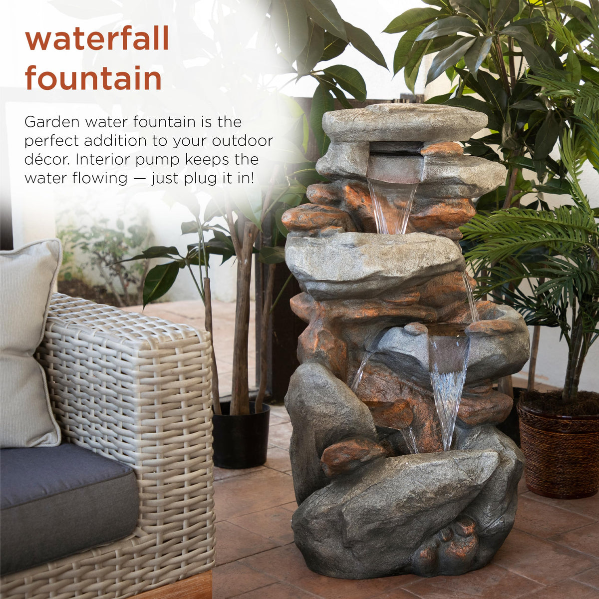 Alpine Corporation LED-lit tiers enhance evening ambiance and garden aesthetics.