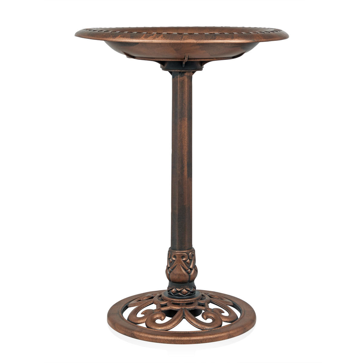 Bronze-finish Alpine birdbath withstands weather for year-round outdoor use.