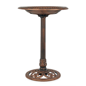 Bronze-finish Alpine birdbath withstands weather for year-round outdoor use.