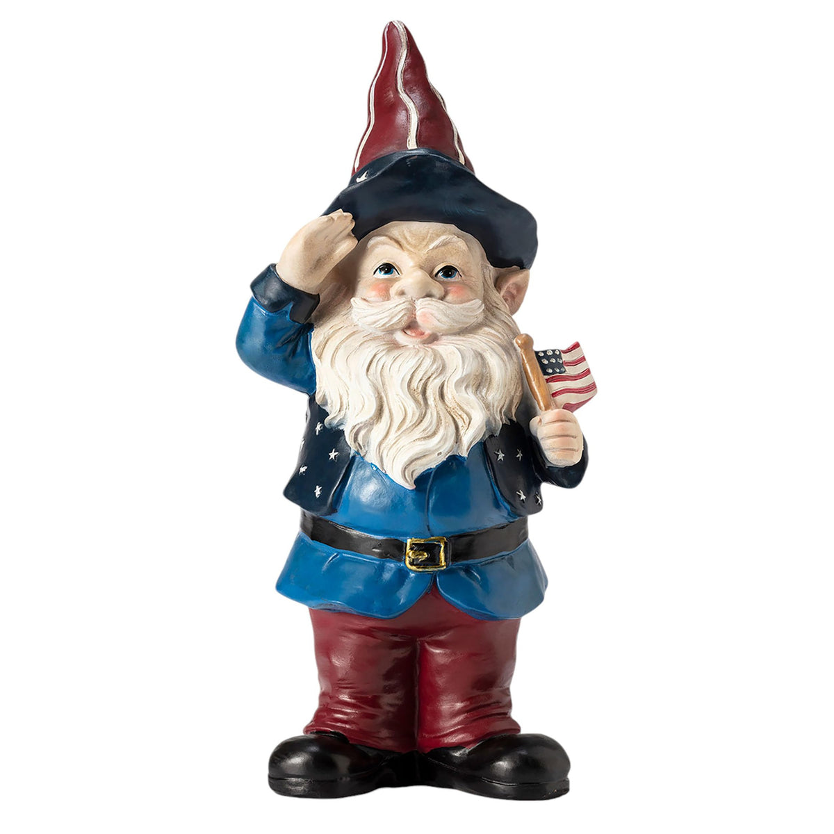 Alpine Corporation patriotic gnome statue in yard with flag colors for festive outdoor display