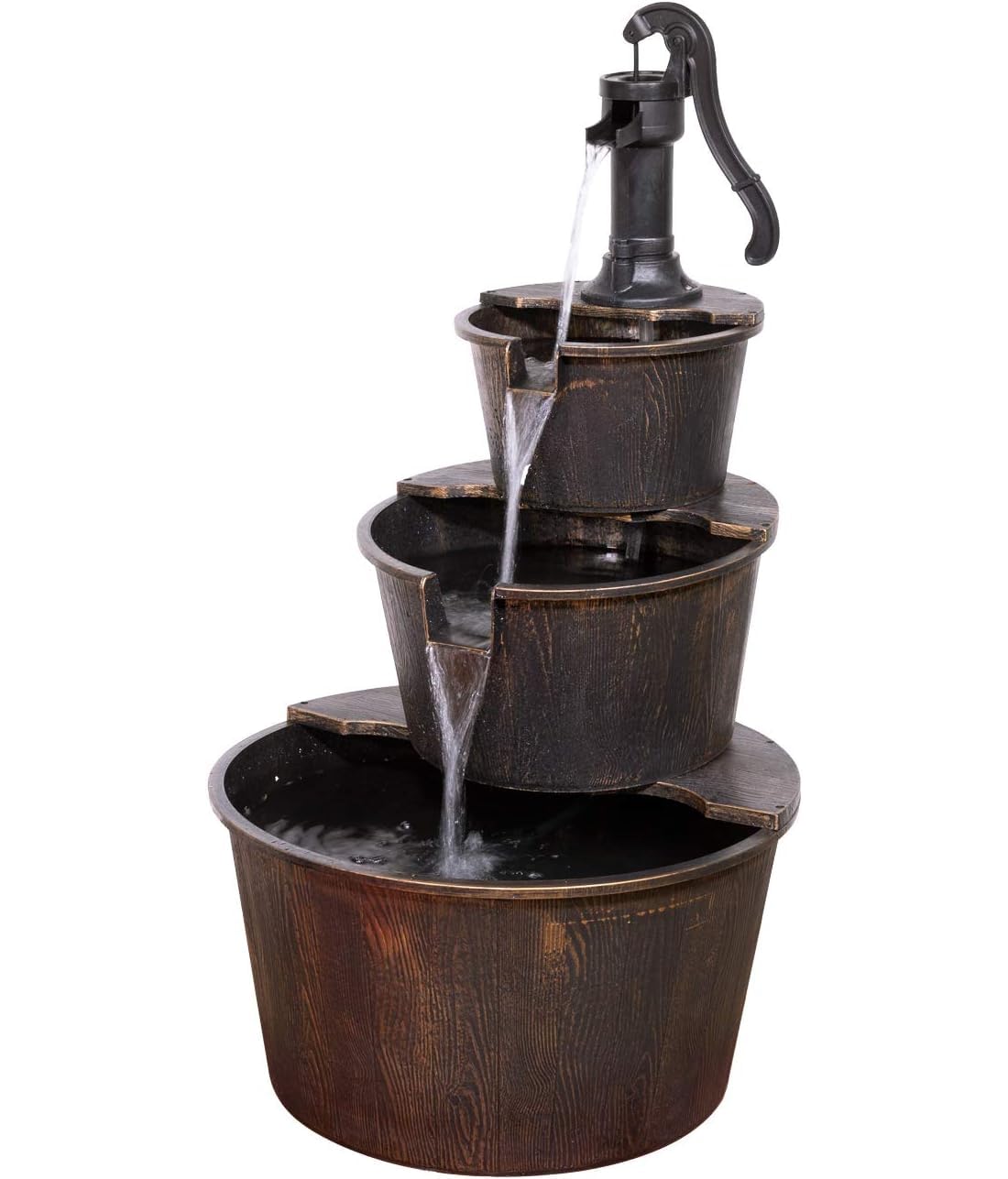 Alpine Corporation pump-barrel-fountain front view highlights rustic charm for outdoor spaces.