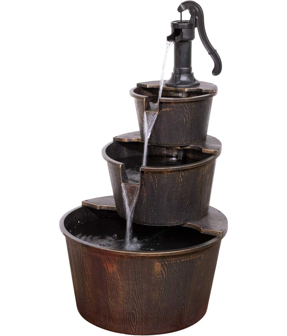 Alpine Corporation pump-barrel-fountain front view highlights rustic charm for outdoor spaces.