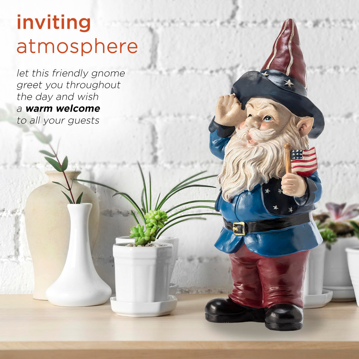 Alpine Corporation red white blue design gnome enhances curb appeal with patriotic charm