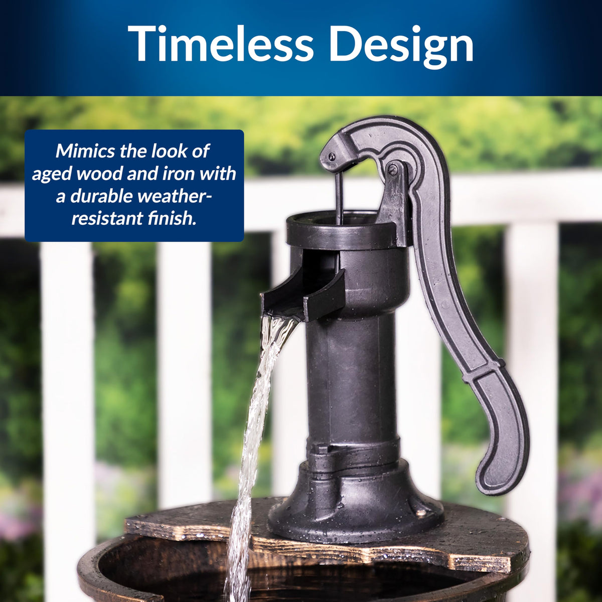 Alpine Corporation rustic-barrel-fountain detail shows faux wood and vintage styling.