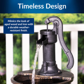 Alpine Corporation rustic-barrel-fountain detail shows faux wood and vintage styling.