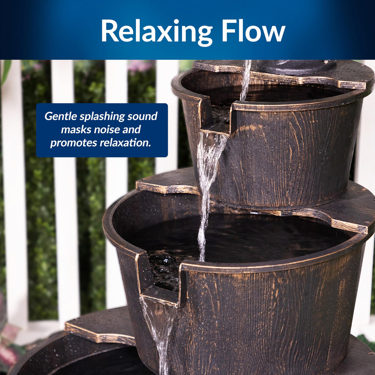 Alpine Corporation water-flow-through-barrels captures calming sounds for patios.