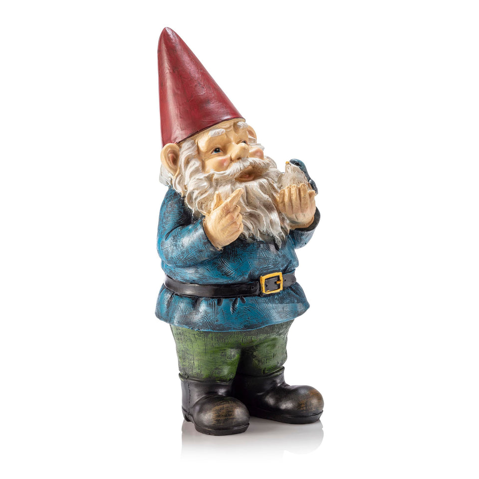 Alpine Corporation gnome with bird accent adds whimsical charm to your garden.