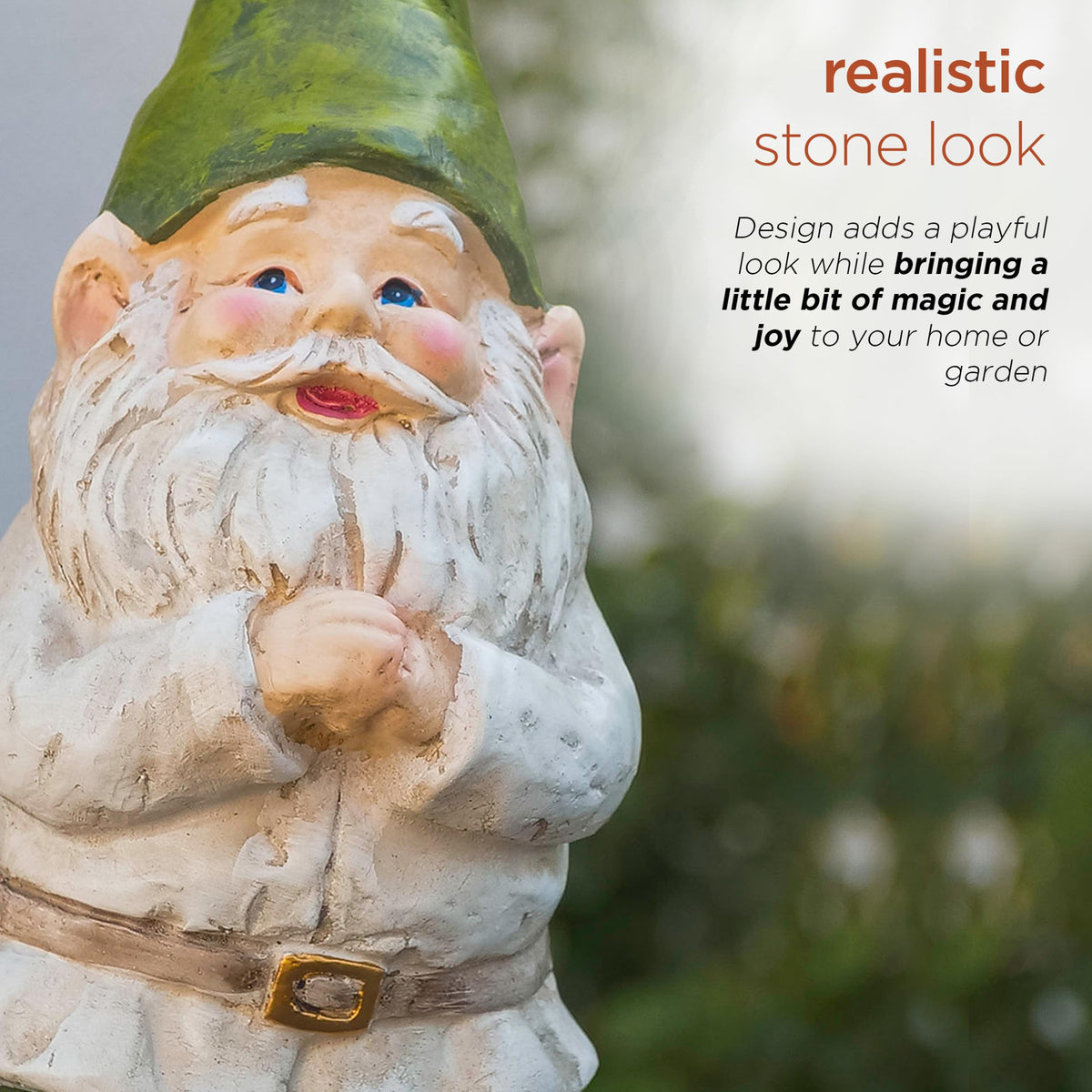 Alpine weatherproof polyresin gnome resists rain and sun in outdoor spaces