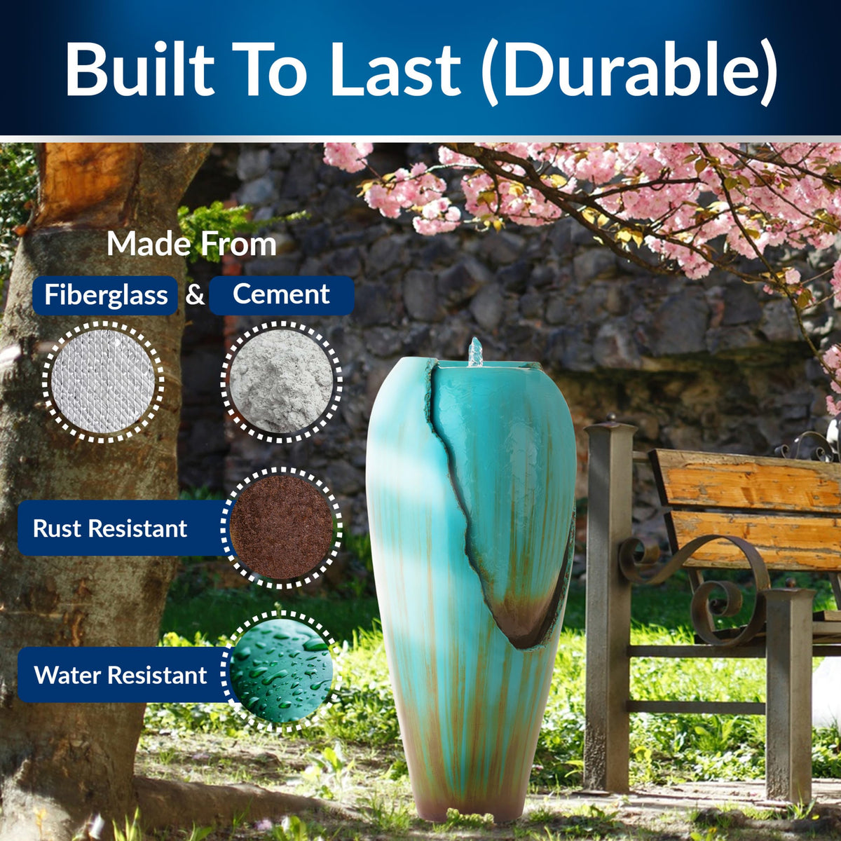 Alpine outdoor fountain night lighting highlights cascading water on patios.