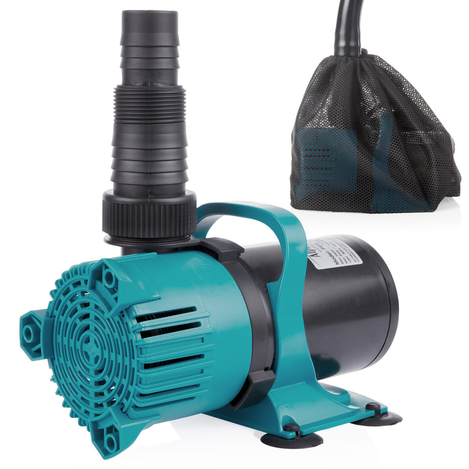 Alpine PEG3000 pump close-up showing 3000 GPH flow for a koi pond