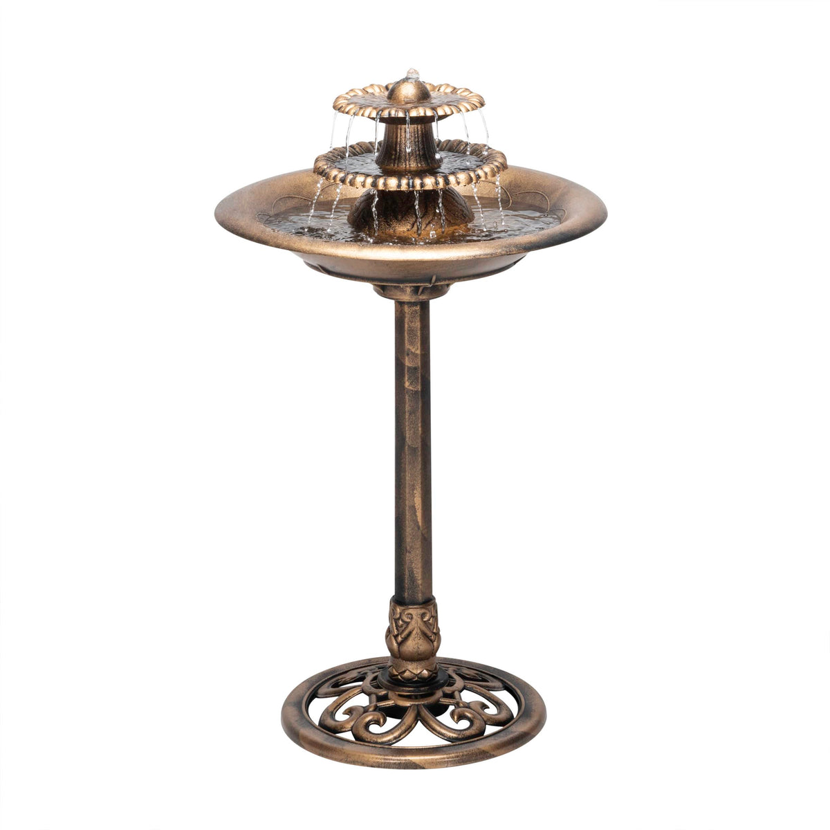 Alpine TEC106-BZ 35-inch tall three-tier pedestal fountain in bronze, a standout outdoor centerpiece