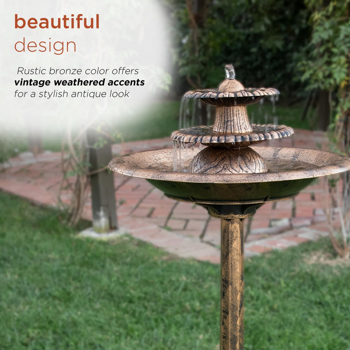 Durable weather-resistant resin on Alpine TEC106-BZ fountain withstands outdoor conditions