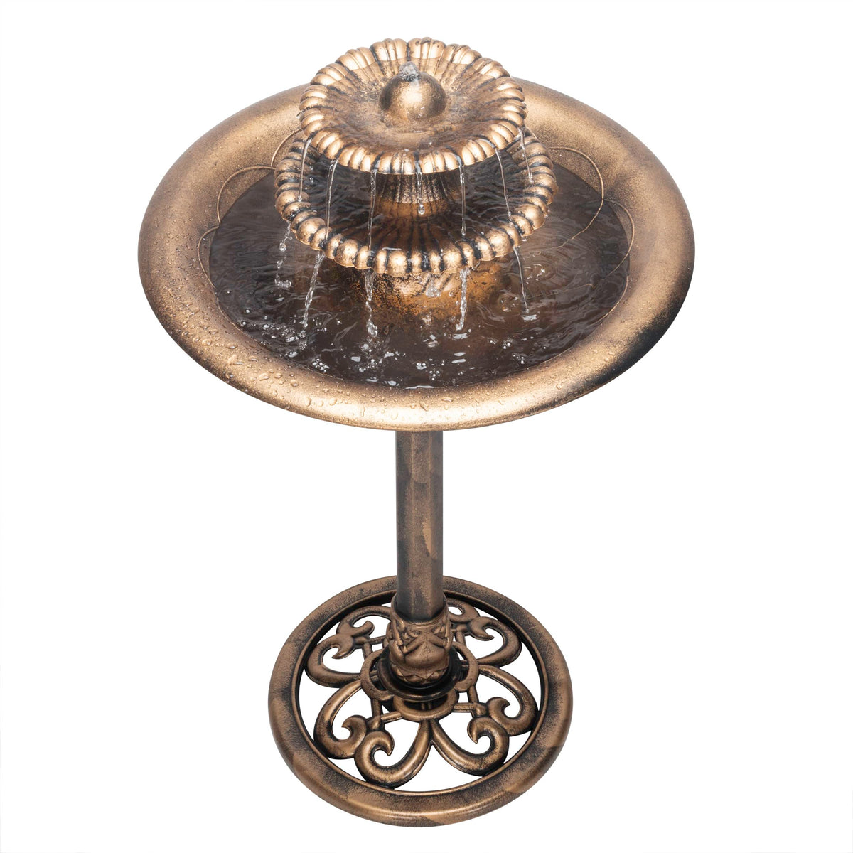 Easy assembly view of Alpine TEC106-BZ pedestal fountain setup