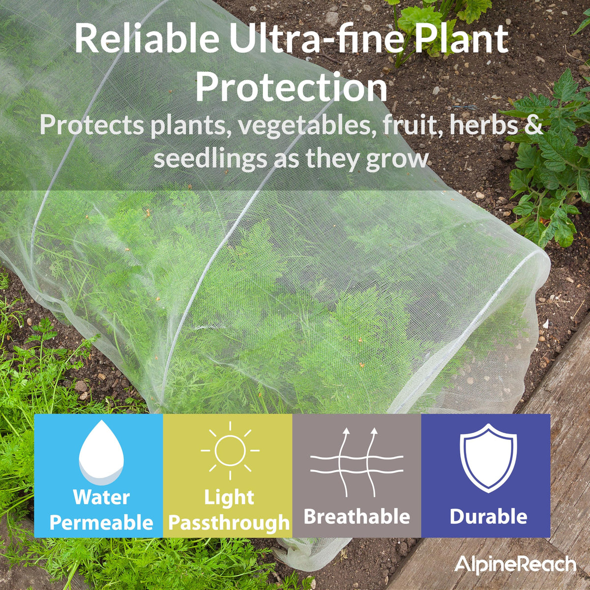 AlpineReach netting over a raised bed shielding crops while allowing airflow.
