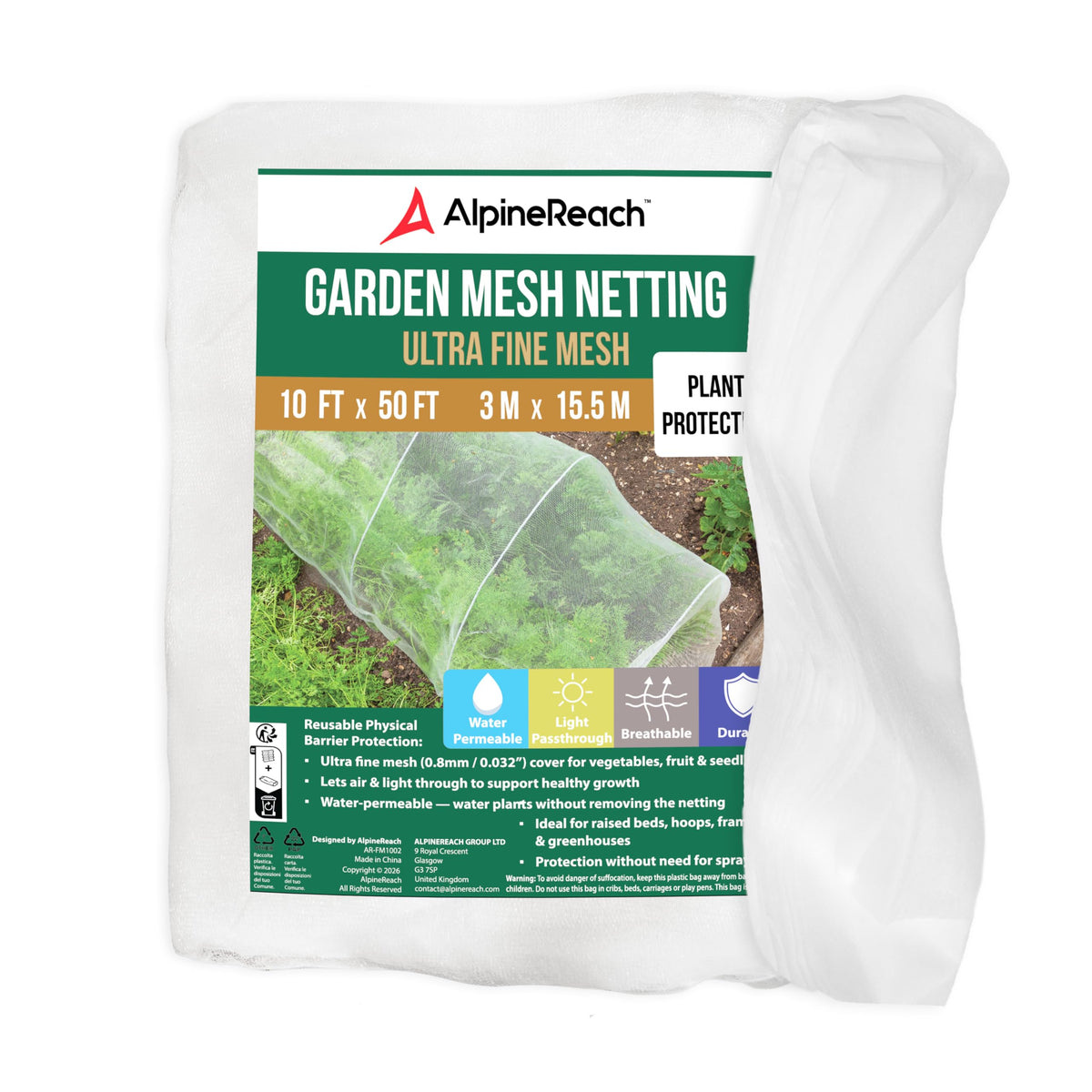 AlpineReach Ultra Fine Mesh netting over a vegetable bed with gentle airflow